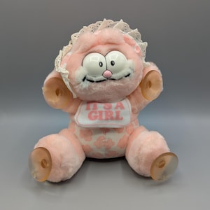 Vintage Dakin Garfield Pink New Baby &quot;It&#39;s A Girl&quot; Window Clinger Plush 1981 / Garfield the Cat / Retro Stuffed Toy / Vintage Plush toy
