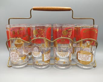 Highball Glasses Set of 8 With Caddy / Mid Century High Ball Glass Cups / 22 Karat Gold Green Blue / Bar Ware Barware / Home Bar