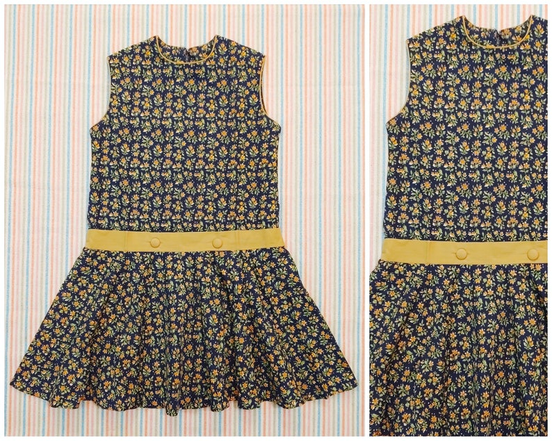 Vintage Dress Vintage Girls Dress Black Yellow Green Flowers Floral Dress Hand Sewn Dress 1970s 70s Medium M Large L