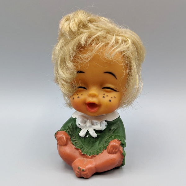 1960’s Moody Cuties Doll Laughing Face Blonde Hair Green Dress 3.5” Korea Plastic Doll / 1960s 60s / Vintage Toy