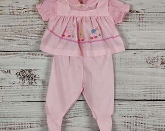 Vintage Baby Set / Infant Dress Pants Outfit / Pink White Dress Set / 9M 9 months 12M 12 months