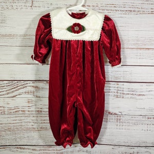 Vintage Baby Outfit / Vintage Velour Red White Jumpsuit / Infant Bodysuit / 6M 6 Months 9M 9 Months
