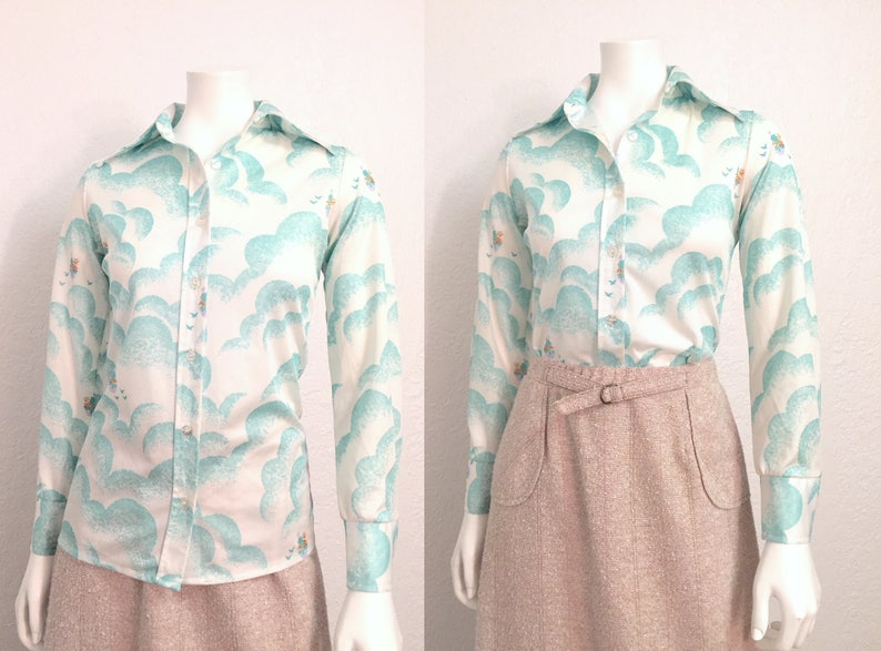 Womens Vintage 1970s Long Sleeved Mint Orange Beach tropical tiki cabana Bird Sky Dress Shirt size small extra small