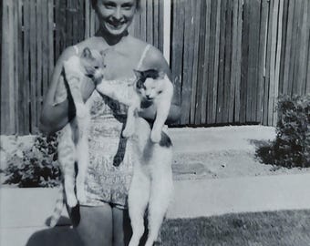 Young Girl Holding Kitty Cats / Art Antique Photography / Original Vintage Photo Snapshot / Found Photo