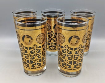Vintage Libbey Highball Glasses Set of 5 / Mid Century Collection of Five High Ball Glass Cups / 22 Karat Gold / Bar Ware Barware / Home Bar