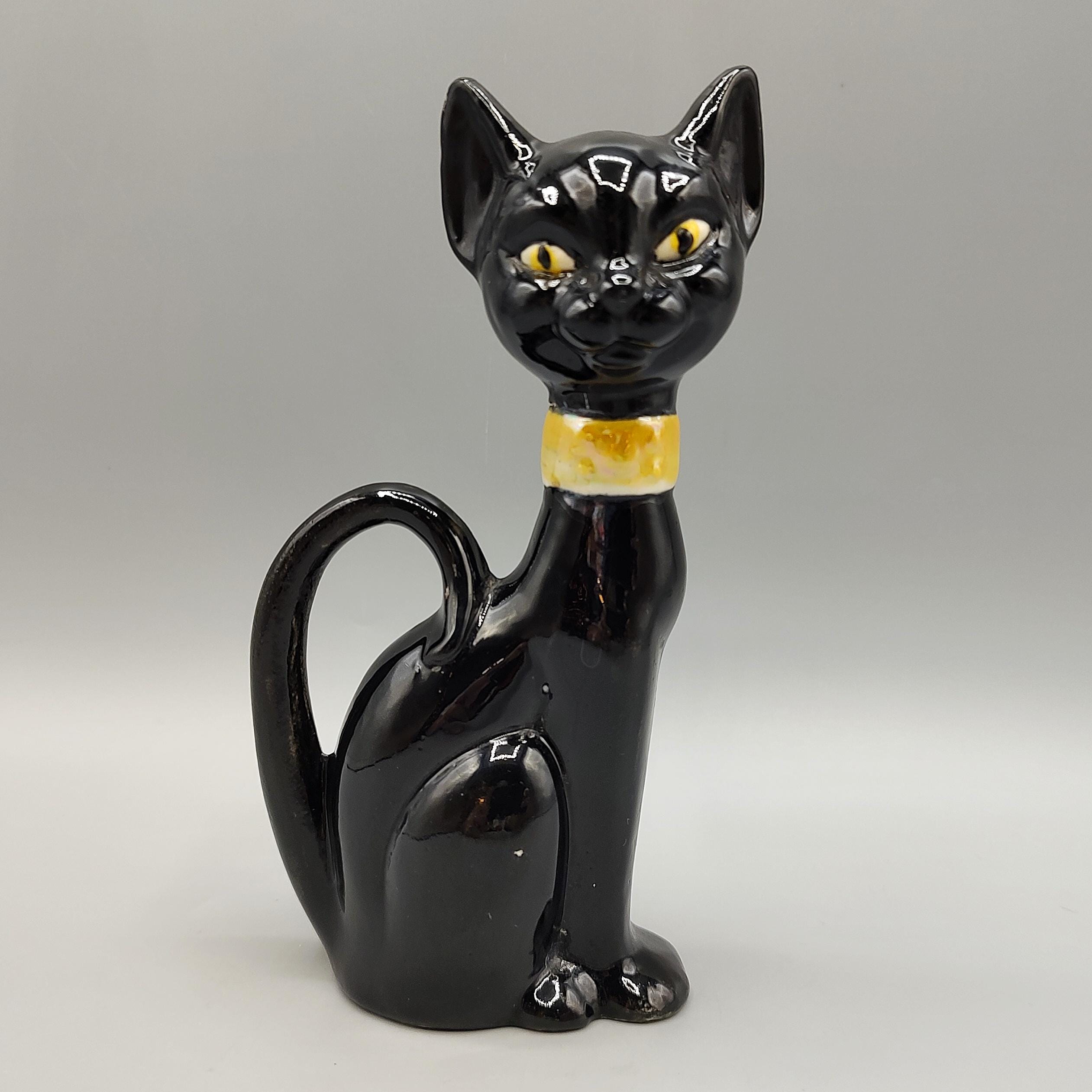 Vintage Ceramic Kitty Cat Black Long Neck Figure / Retro Glass Dog