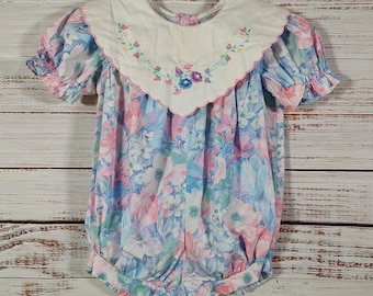 Vintage Baby Jumper / Baby / Jumper Flowers Floral Pink Blue / Baby Infant Outfit / Infant 6M 6 months 9M 9 Months