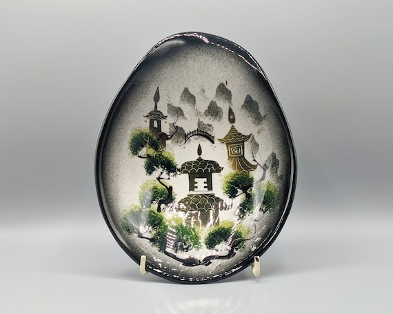 Sascha Brastoff Ceramic Tray / Mid Century Hand Painted Dish / Black White  Green Gold / Decorative Glass Dish / Retro Dish 