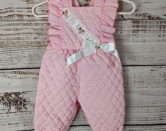 Vintage Jumper / 1980s 80s / Vintage Floral Lace Pink Infant Overalls / Quilted Overall Overalls / 3M 3 Months 6M 6 Months