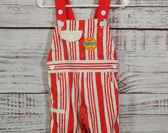 Vintage Kid Jumper / Child Overalls / Retro Denim Overalls / Toddler Shorts Outfit Red White Stripe / Size 3T 3