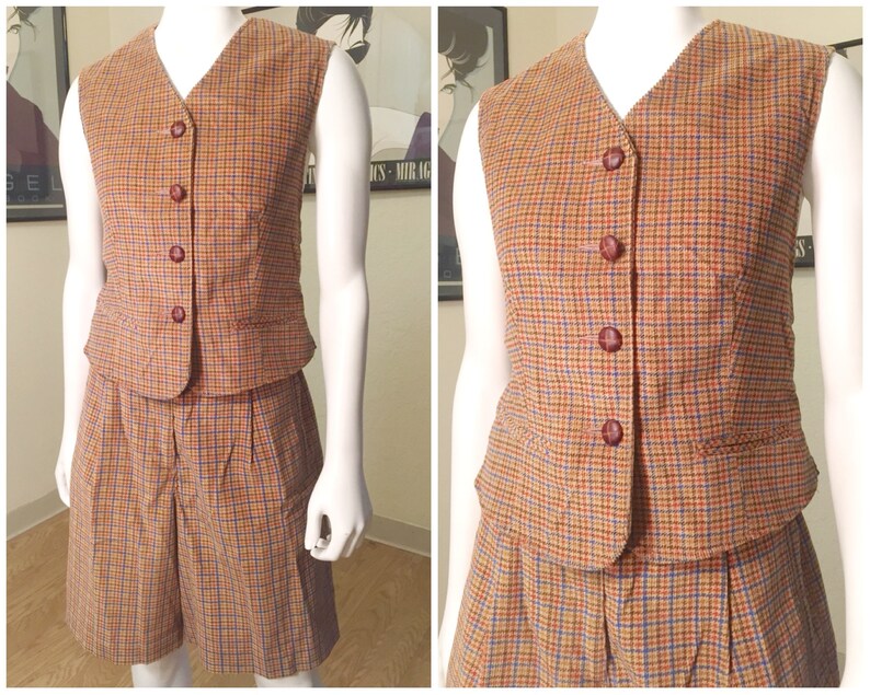 Vintage Corduroy Vest Short Set 1980s 80s Tan Brown Blue Red