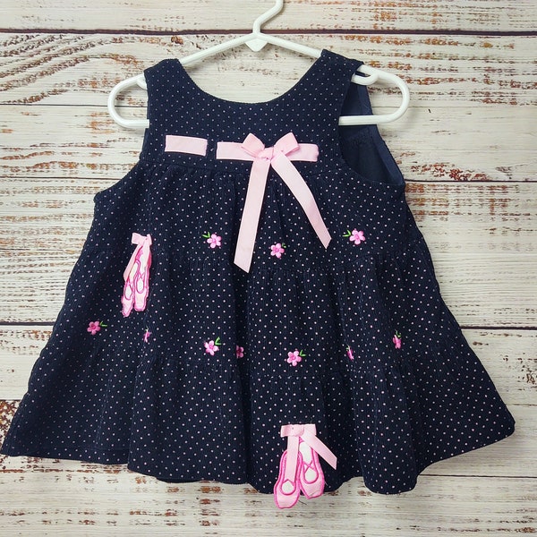 Vintage Baby Dress / Black Pink Corduroy Dress / Retro Infant Dress / 1970s 70s / Retro Dress / 12 Months 12M