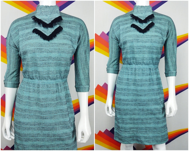 Vintage Dress / 60s 1960s / Retro Dress / Mod Dress / Blue Black Plaid Dress / Secretary Dress / Small S Extra Small XS image 1