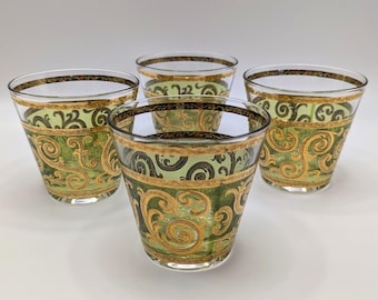 Culver Lowball Glasses Set of 4 / Mid Century Collection of Four Low Ball Glass Cups / 22 Karat Gold Green / Bar Ware Barware / Flared