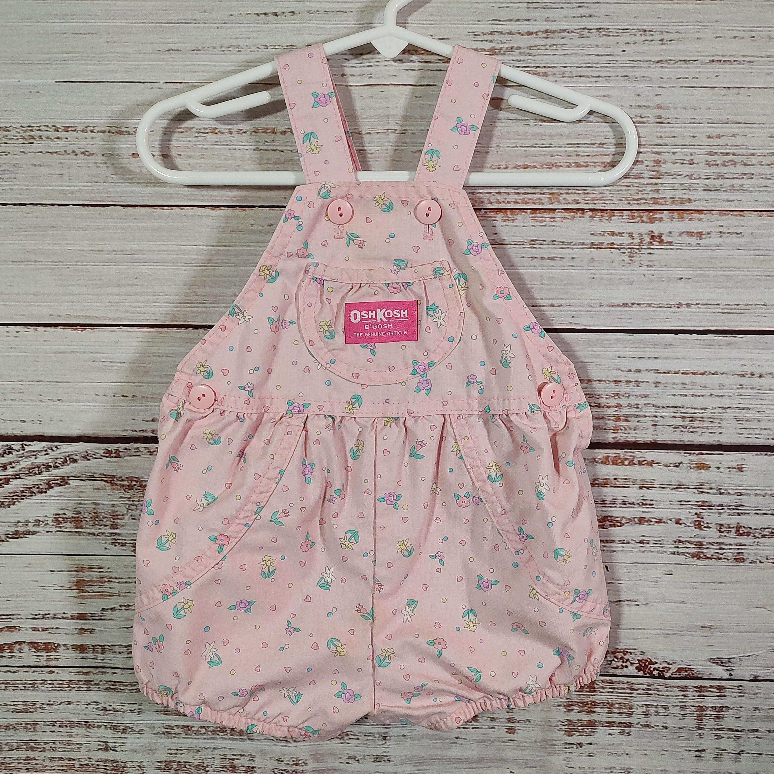 oshkosh 12M フローラル Baby Vintage Denim Overalls / Pink Flower Bubble / Osh Kosh