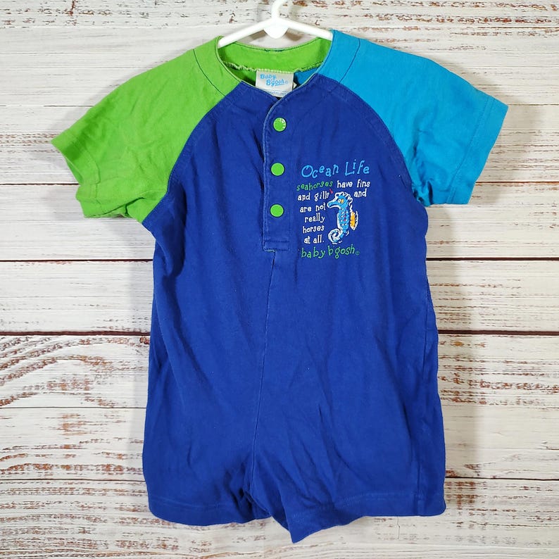 May include: A blue, green, and turquoise baby romper with short sleeves. The romper has a button-up front and features the text "Ocean Life" with a seahorse graphic. The sleeves are green and turquoise.