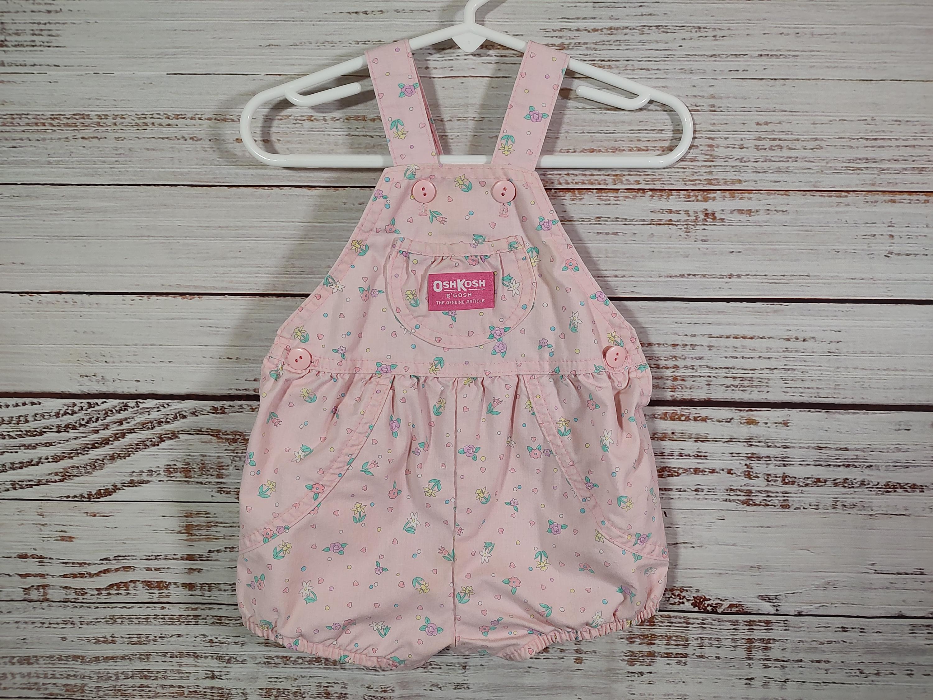Baby Vintage Denim Overalls / Pink Flower Bubble / Osh Kosh