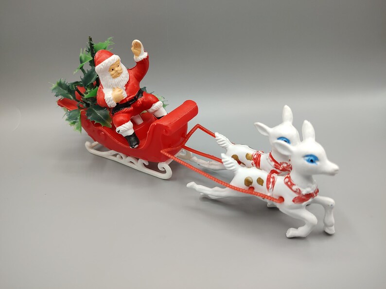 Vintage Plastic Santa Sleigh Reindeer Centerpiece / Decoration