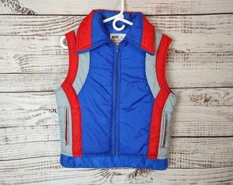 Vintage Puffer Vest / 1970s 70s Retro Vest / Kids Children Child / Blue Gray Red / Youth Large Size 16