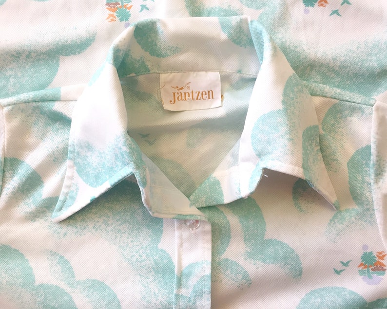 Womens Vintage 1970s Long Sleeved Mint Orange Beach tropical tiki cabana Bird Sky Dress Shirt size small extra small