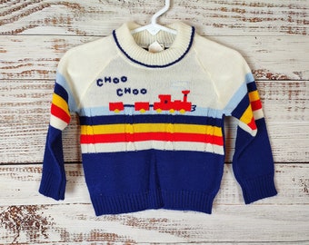 Vintage Toddler Sweater / Retro Knit Sweater / Red Blue Sweater / Baby Sweater / 18M 18 Months