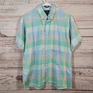 Vintage Shirt / Plaid  Mens Shirt / Blue Green / 70s 1970s Shirt / Short Sleeve / Large L