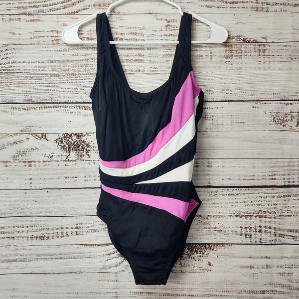 Vintage Swim Suit / 1980s 80s 1990s 90s / One Piece Swimsuit / White Purple Black Abstract / Medium M Large L