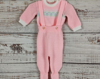 Vintage Overall Sweater Set / Baby Knit Outfit / Retro Baby Jumper Set / 1970s 70s  / 0M 3M 3 Months 6M 6 Months
