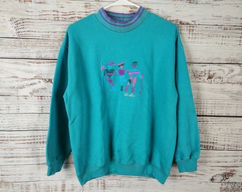 Vintage Graphic Sweater / 1990s 90s Sweat Shirt Sweatshirt / Pullover Sweater / Teal / Small S