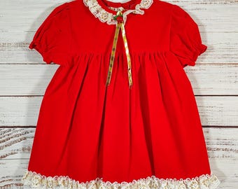 Vintage Toddler Dress / Retro Baby Girls Dress / 1970s 70s / Velvet Red Lace Dress / 2T 24M 24 months