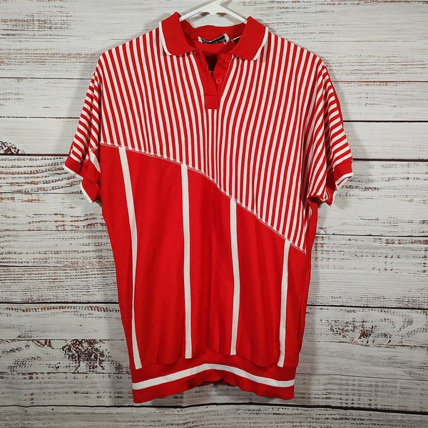Vintage Womens Polo T Shirt / Vintage Top / Retro Tee Shirt / Red Striped Polo / 1990s 90s Top Tee / Medium M