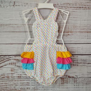 Vintage Toddler Jumper / Girls Suspenders Bloomers / Ruffle Overalls /  Yellow White Pink Blue Cotton Lace / Girl Jumper Overall / Size 4 4T