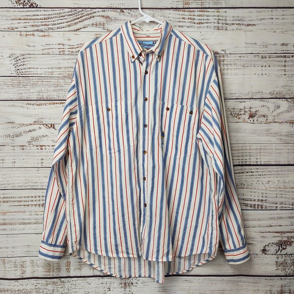 MENS Vintage Shirt / Button Up Shirt / 1970s 70s / Striped White Blue Red / Large L Extra Large XL