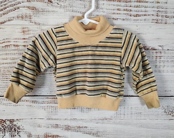 Vintage Baby Sweater / Velour Striped Tan Brown Blue / Turtleneck Sweater / 12M 12 Months