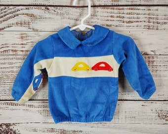 Vintage Baby Sweater / Polo Cars Fleece Blue Sweater / 12M 12 Months