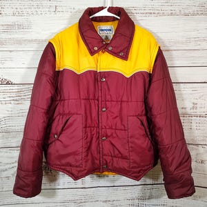 Vintage Campus Pro Action Puffer Jacket 1970s Yellow Burgundy Red / Retro Coat / 70s Ski Puffer Jacket / Large L