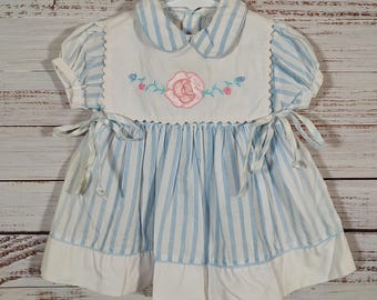 Vintage Baby Dress / Retro Blue White Dress / Stripe Toddler Dress / 18M 18 Months