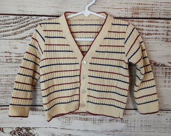 Vintage Toddler Cardigan / Knit Sweater / Retro Baby Sweater / Beige Blue Red / 2T 24M 24 Months