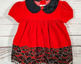 Vintage Toddler Dress / Retro Baby Girls Dress / 1970s 70s / Velvet Red Lace Dress / 2T 24M 24 months