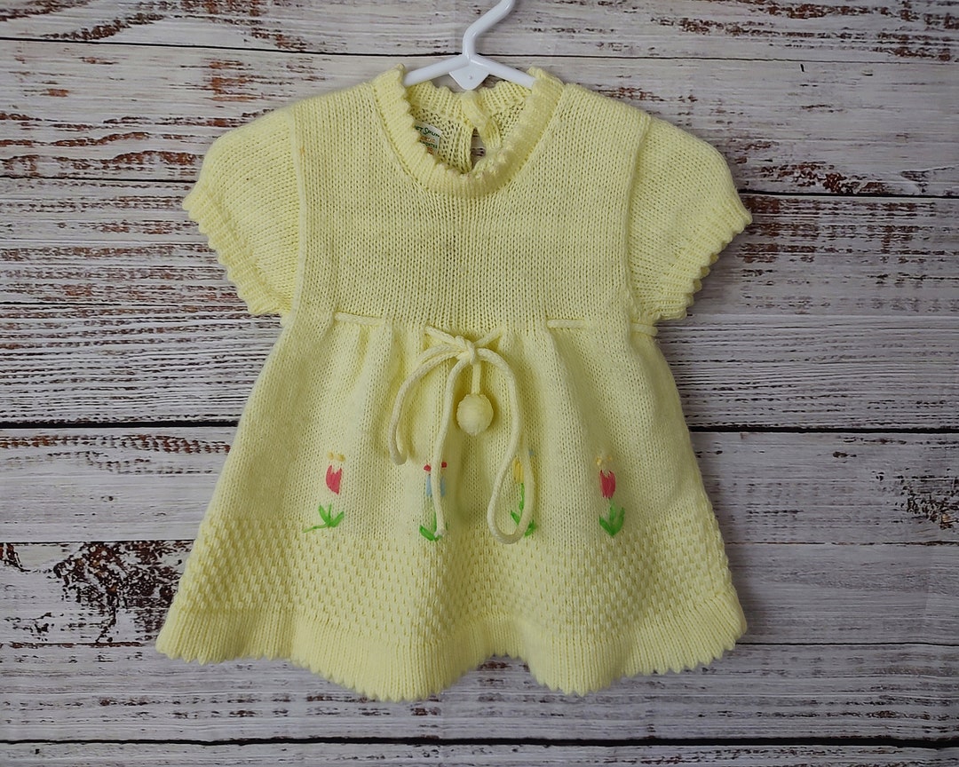 Vintage Baby Dress / Yellow Knit Dress / Lace Infant Dress / 12 Months