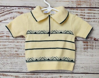 Vintage Baby Polo Sweater Shirt / Infant Short Sleeve Sweater / Baby Knit Sweater / Beige Green / 9M 9 Months 6M 6 Months