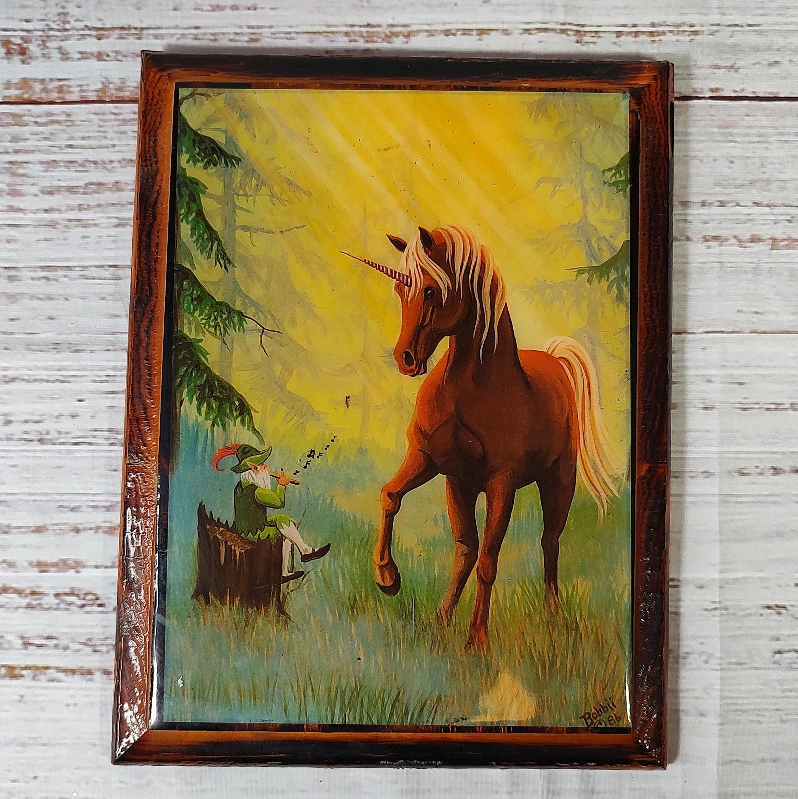 Vintage Unicorn Print on Carved Wood / Vintage Fantasy Wall Decor