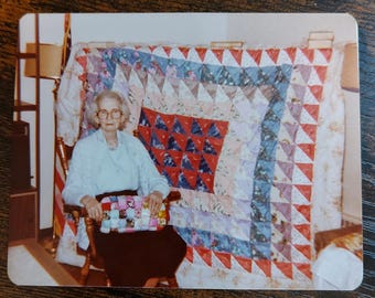 Cute Grandma Posing with Quilt / Art Antique Photography / Original Vintage Photo Snapshot / Found Photo