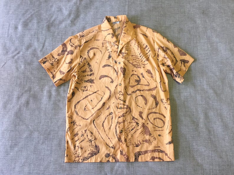 Vintage Tiki Hawaiian Button Up Shirt Brown Orange Large L Medium M