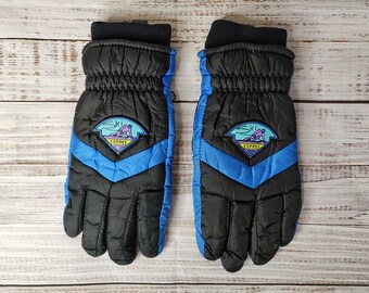 Vintage Adult Ski Gloves / 80s 1980s / Puffer Gloves / Black Blue