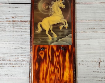 Vintage Unicorn Print On Carved Wood / Vintage Fantasy Wall Decor / Retro Art / 1970s 70s / 1980s 80s