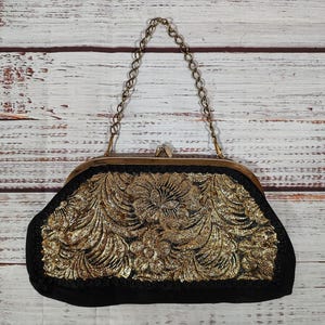 Monedero vintage / Monedero retro / Asa superior Años 60 / Monedero de mano / Bordado en oro negro