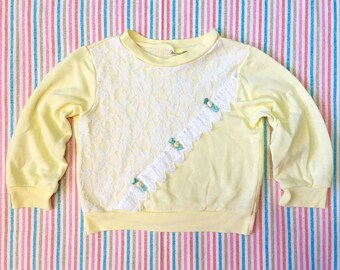 Vintage Toddler Sweater / Lace Floral Yellow Sweater / Girls Kids Sweater / Pullover Crewneck / 4T Size 4
