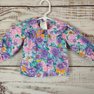 Vintage Baby Shirt / Purple Pink Floral Retro Top / Long Sleeve / 1970s 70s / Infant Top / 3M 3 Months 6M 6 Months