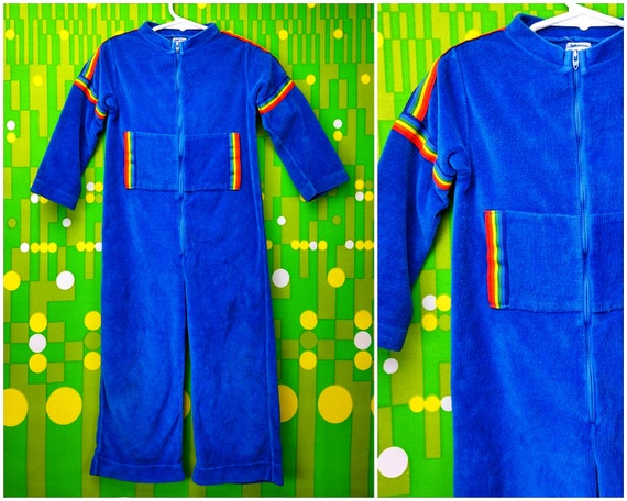 Vintage Onesie / Vintage Velour Girl Jumpsuit / Girls Onesie / 1970s 70s / Blue Rainbow / Baby Bodysuit / 4T Size 4